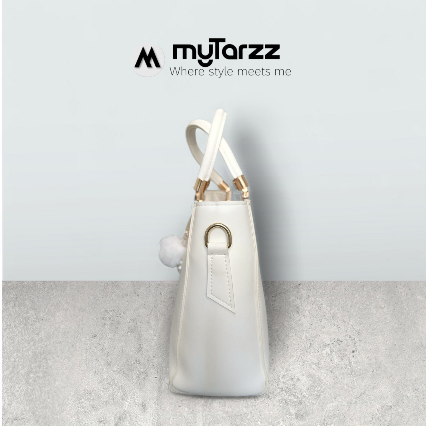 White Faux Leather Tote with Pom Pom Charm