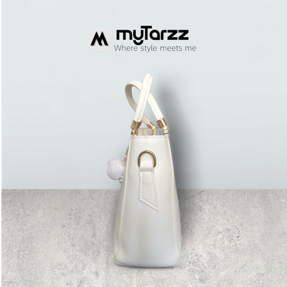 White Faux Leather Tote with Pom Pom Charm