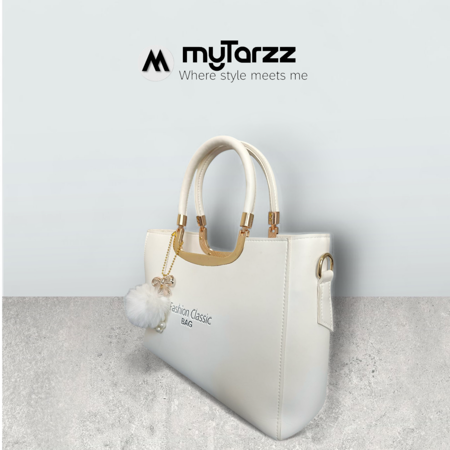 White Faux Leather Tote with Pom Pom Charm