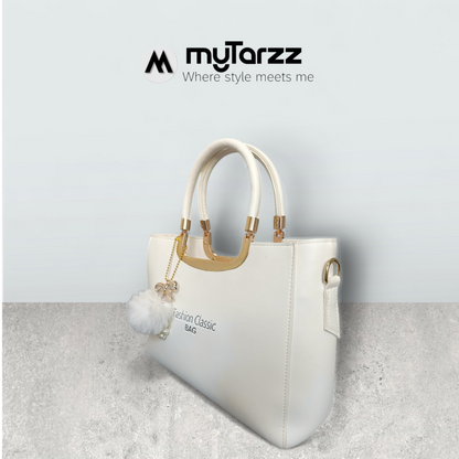 White Faux Leather Tote with Pom Pom Charm