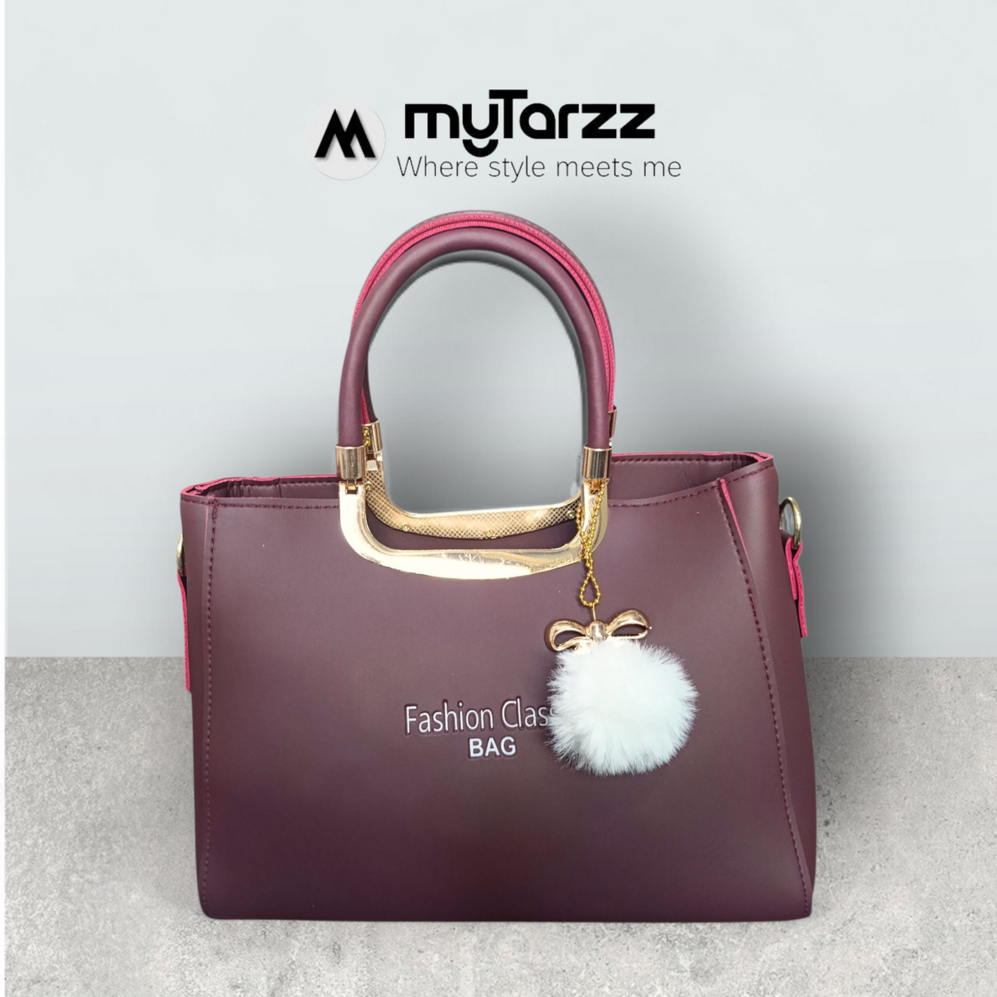 Burgundy Faux Leather Tote with Pom Pom Charm