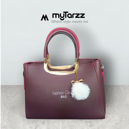 Burgundy Faux Leather Tote with Pom Pom Charm
