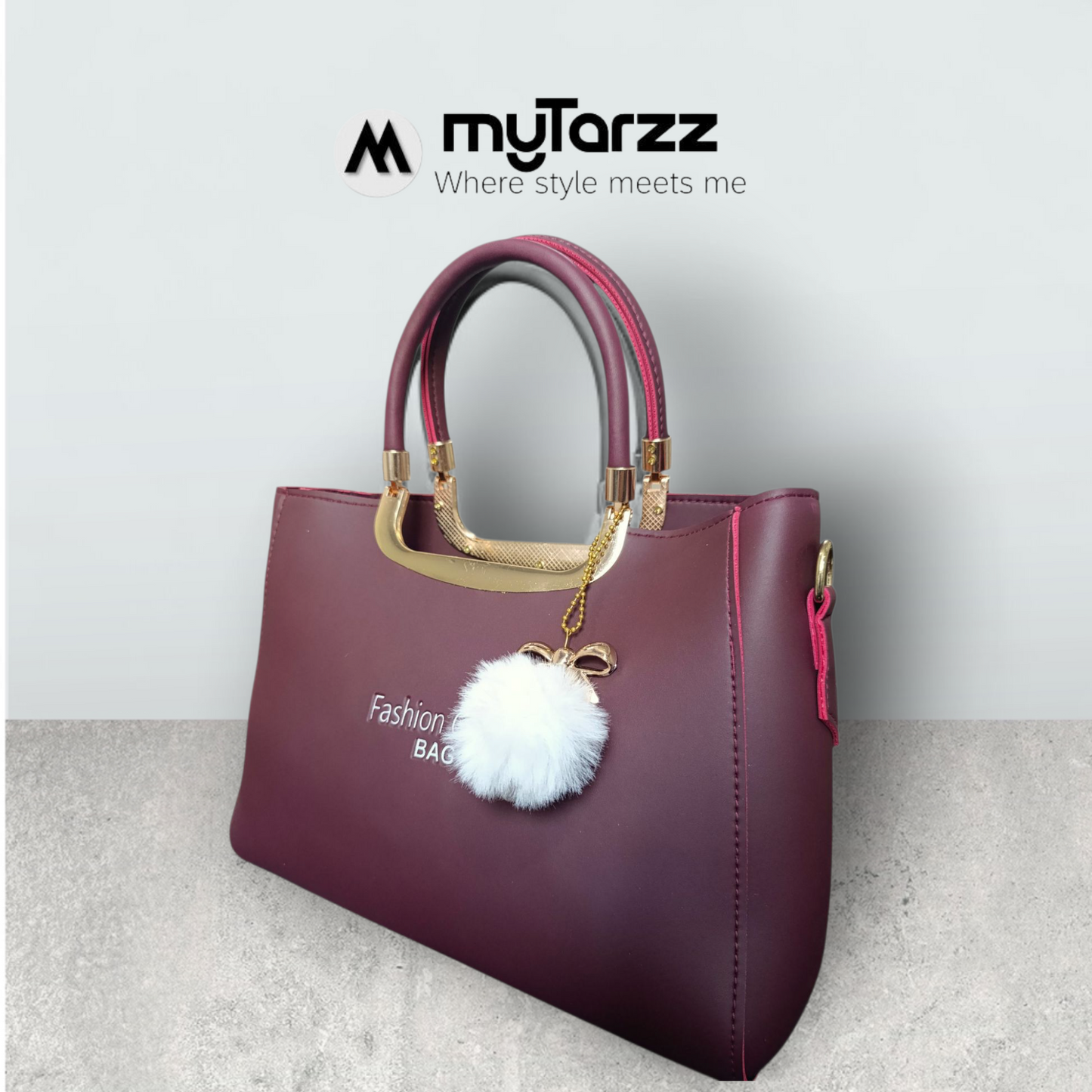 Burgundy Faux Leather Tote with Pom Pom Charm