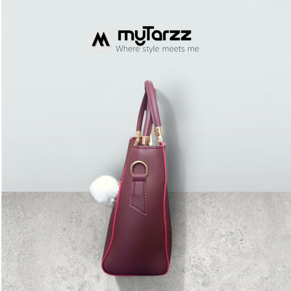 Burgundy Faux Leather Tote with Pom Pom Charm