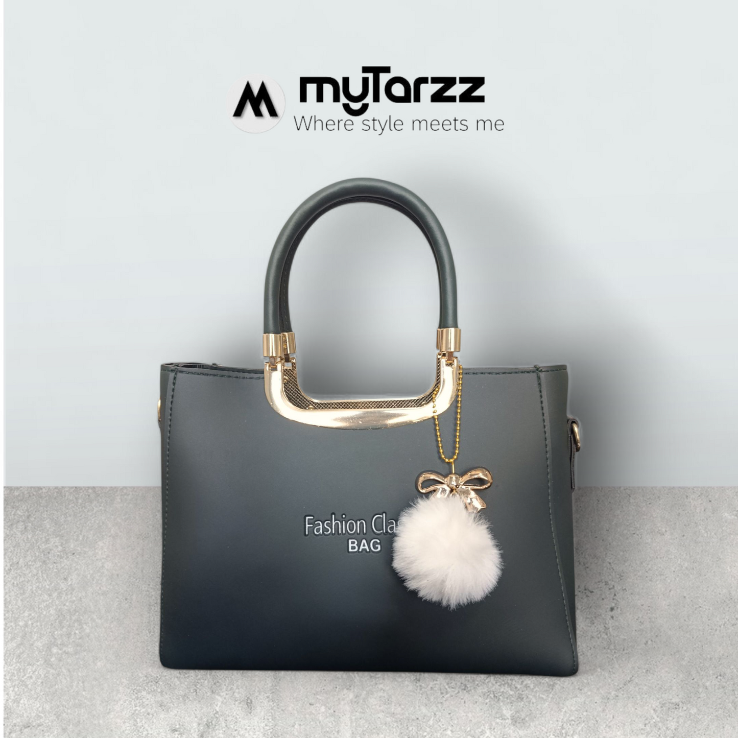 Jet Black Faux Leather Tote with Pom Pom Charm