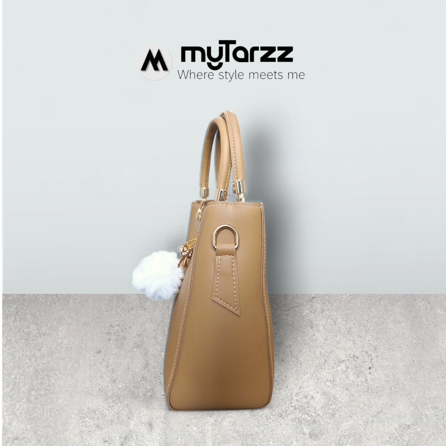 Camel Brown Faux Leather Tote with Pom Pom Charm