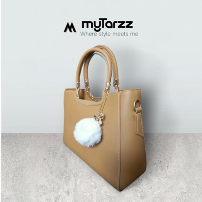 Camel Brown Faux Leather Tote with Pom Pom Charm