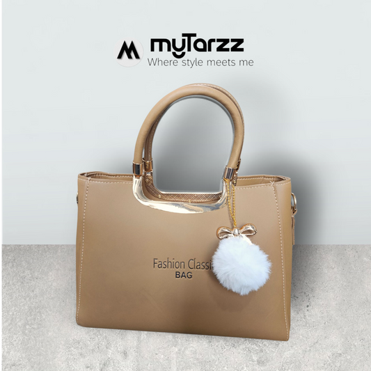 Camel Brown Faux Leather Tote with Pom Pom Charm