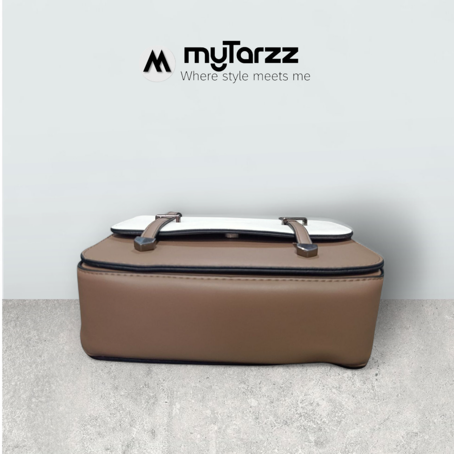 Two-Tone White and Taupe Faux Leather Satchel - Imported