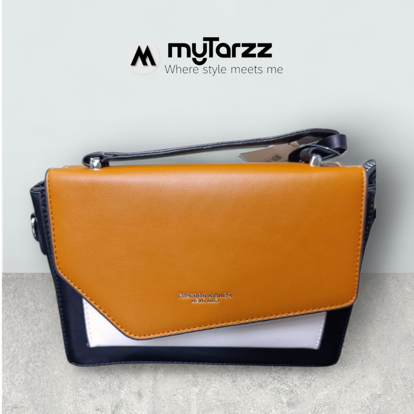 Tri-Tone Faux Leather Satchel with Rust Sleek Flap - Imported