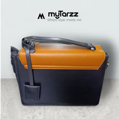 Tri-Tone Faux Leather Satchel with Rust Sleek Flap - Imported