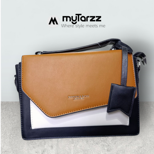 Tri-Tone Faux Leather Satchel with Rust Sleek Flap - Imported