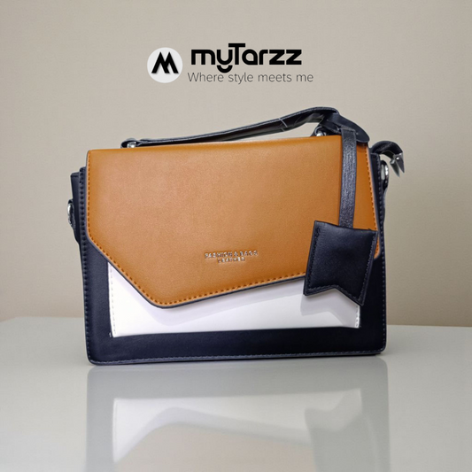 Tri-Tone Faux Leather Satchel with Rust Sleek Flap - Imported