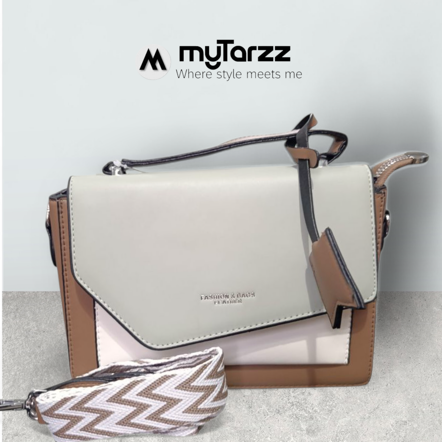 Tri-Tone Faux Leather Satchel with Grey Sleek Flap - Imported