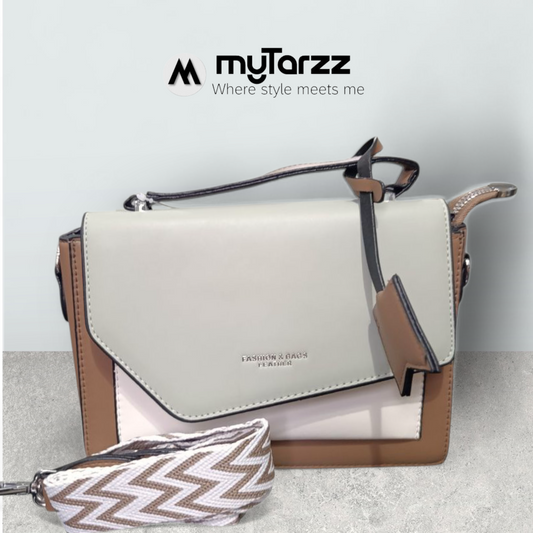 Tri-Tone Faux Leather Satchel with Grey Sleek Flap - Imported