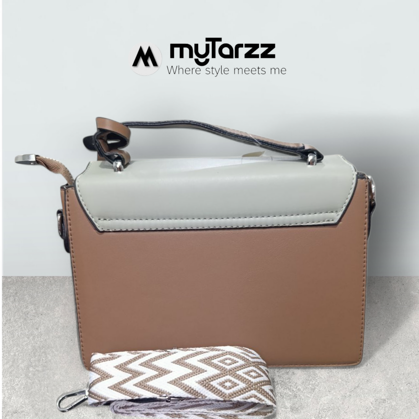 Tri-Tone Faux Leather Satchel with Grey Sleek Flap - Imported