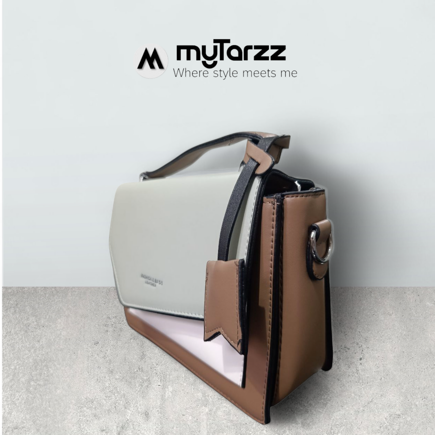 Tri-Tone Faux Leather Satchel with Grey Sleek Flap - Imported