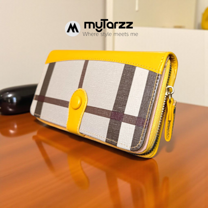 Plaid Continental Zip Wallet with Contrast Trim - Yellow