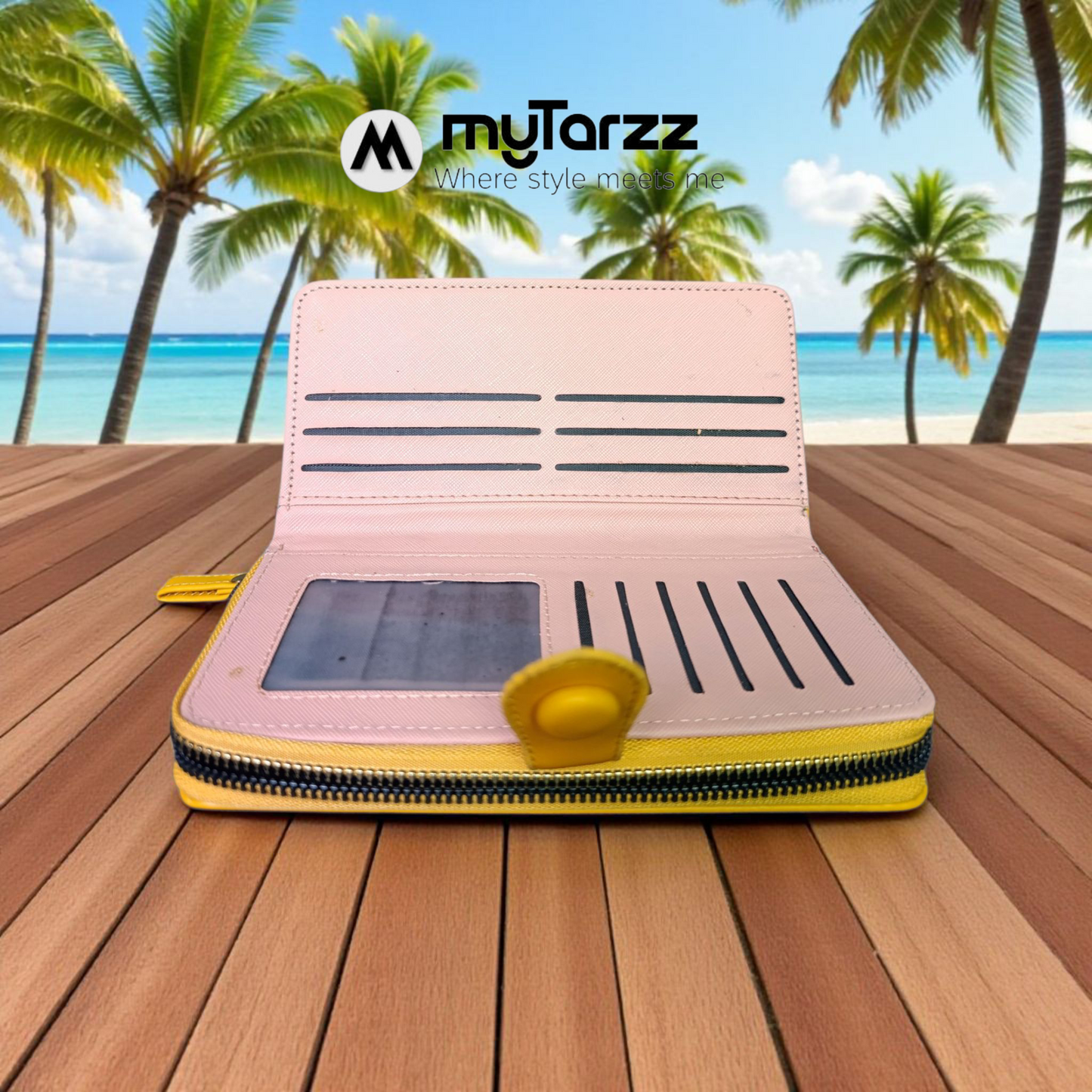 Plaid Continental Zip Wallet with Contrast Trim - Yellow