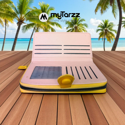 Plaid Continental Zip Wallet with Contrast Trim - Yellow