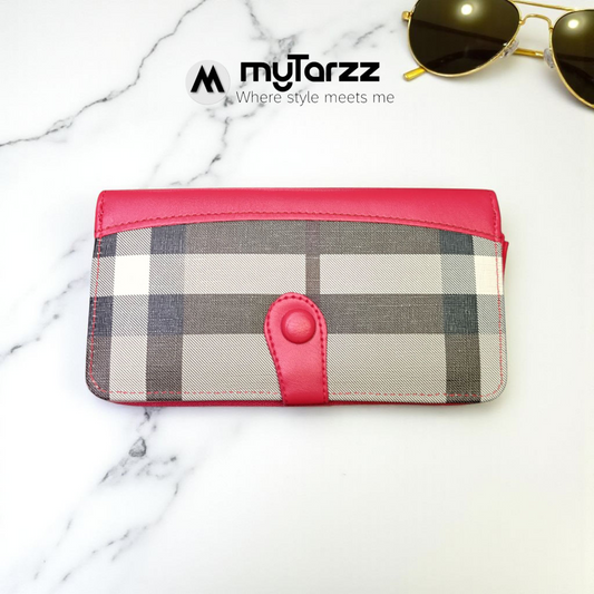 Plaid Continental Zip Wallet with Contrast Trim - Pink