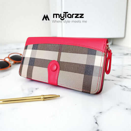 Plaid Continental Zip Wallet with Contrast Trim - Pink