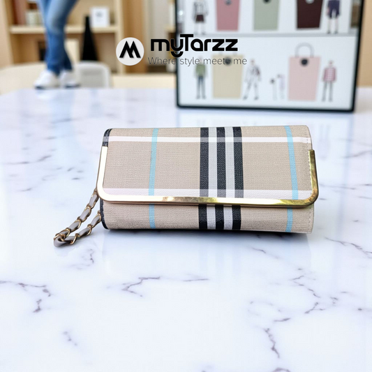 Plaid Continental Wallet with Chain - Azure Check