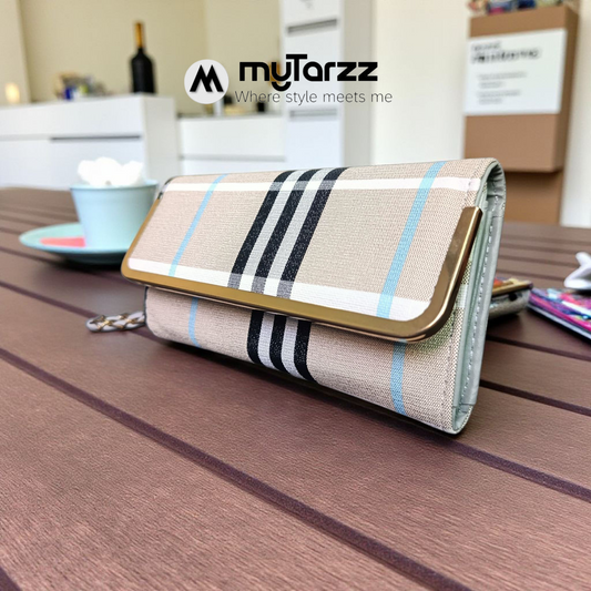 Plaid Continental Wallet with Chain - Azure Check