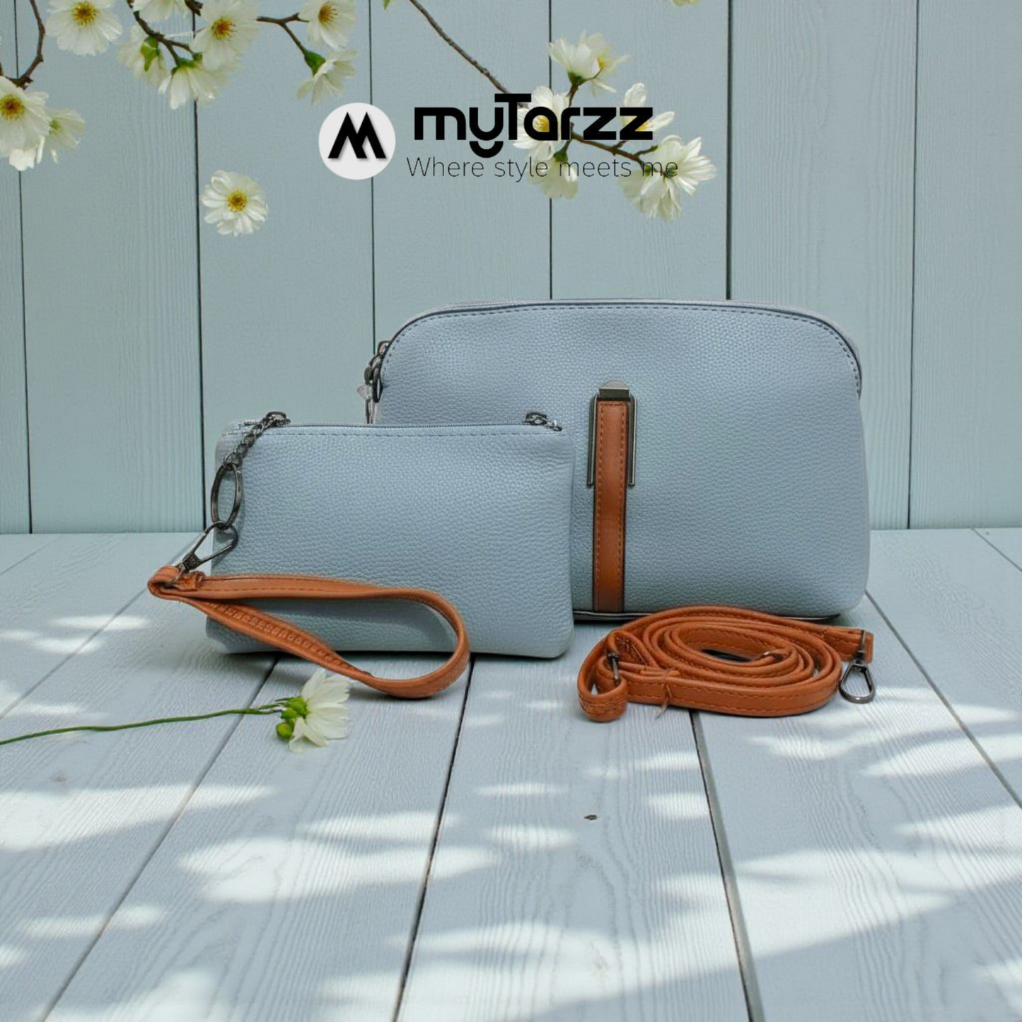 Perforated Dual Pouch Crossbody Set - Sky Blue & Brown