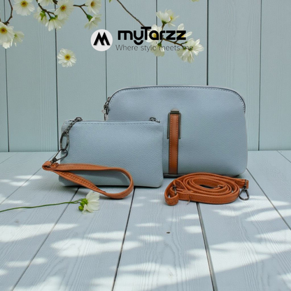 Perforated Dual Pouch Crossbody Set - Sky Blue & Brown