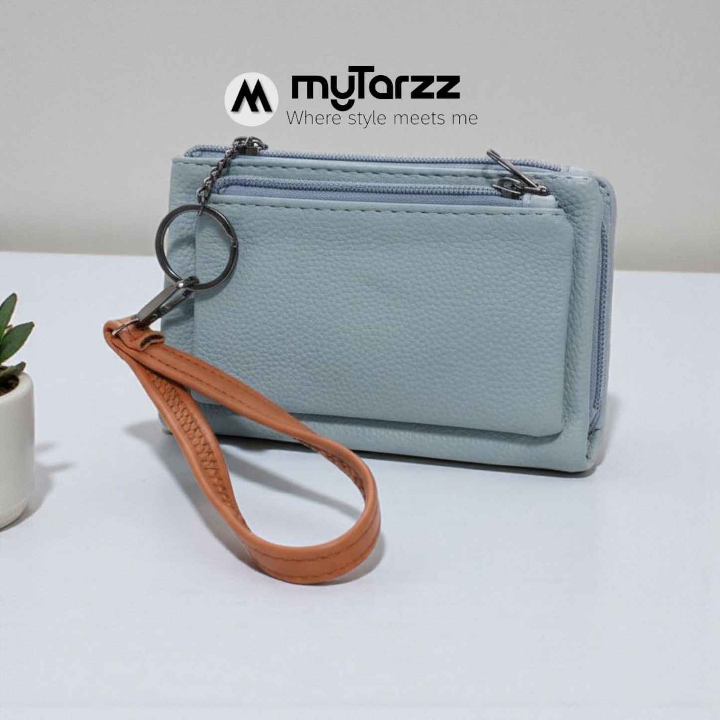 Perforated Dual Pouch Crossbody Set - Sky Blue & Brown