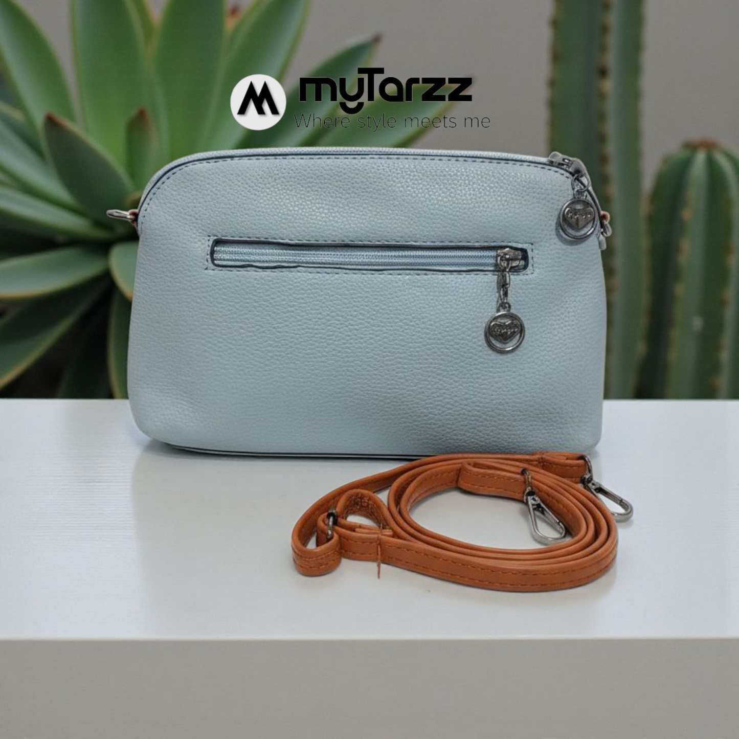 Perforated Dual Pouch Crossbody Set - Sky Blue & Brown