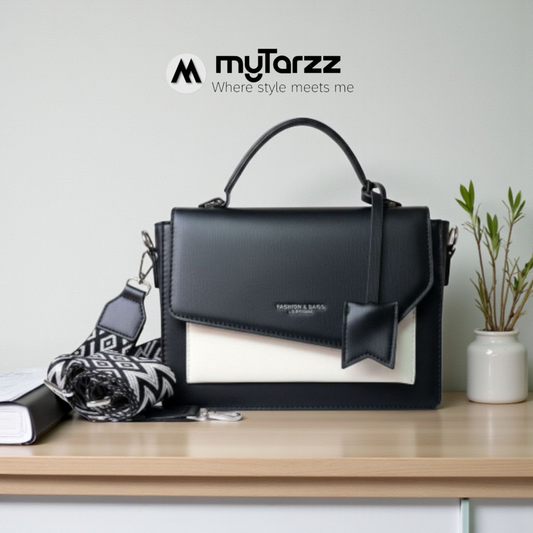 Classic Two-Tone Black & White Satchel - Imported