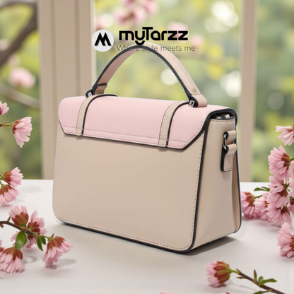 Two-Tone Pink and Taupe Faux Leather Satchel - Imported