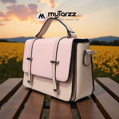 Two-Tone Pink and Taupe Faux Leather Satchel - Imported